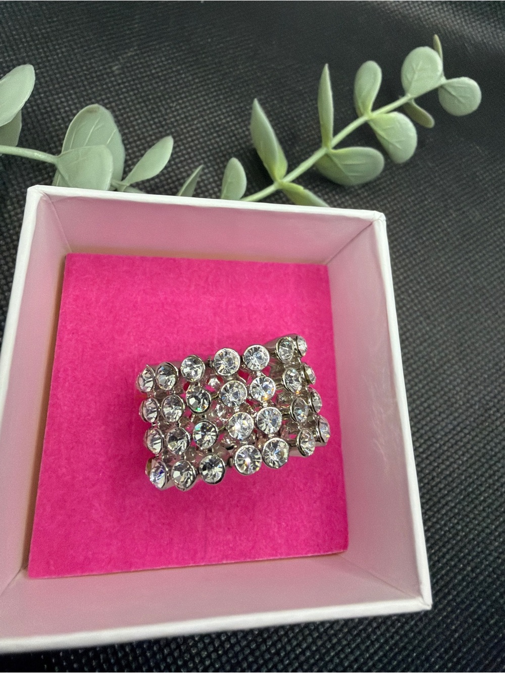 Silver Tone Crystal Rhinestone Stretch Cocktail Ring Statement Ring